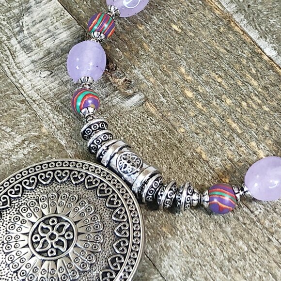 Silver Tribal Coin Medallion Choker with Lavender Quartz Nuggets - Picture 6 of 6